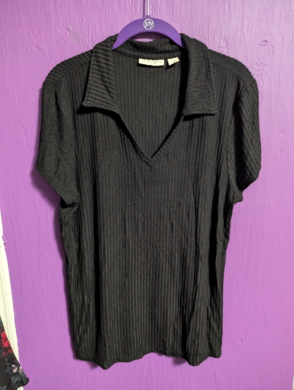 💜 Christian Siriano Black Textured Ribbed Short Sleeve Collared Blouse XL 16 18